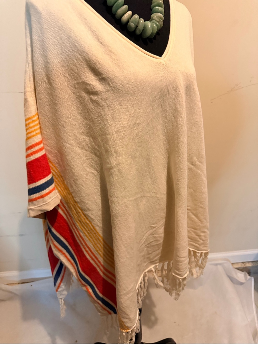 Seaton Boho Fringe V-Neck Poncho with Striped Accents